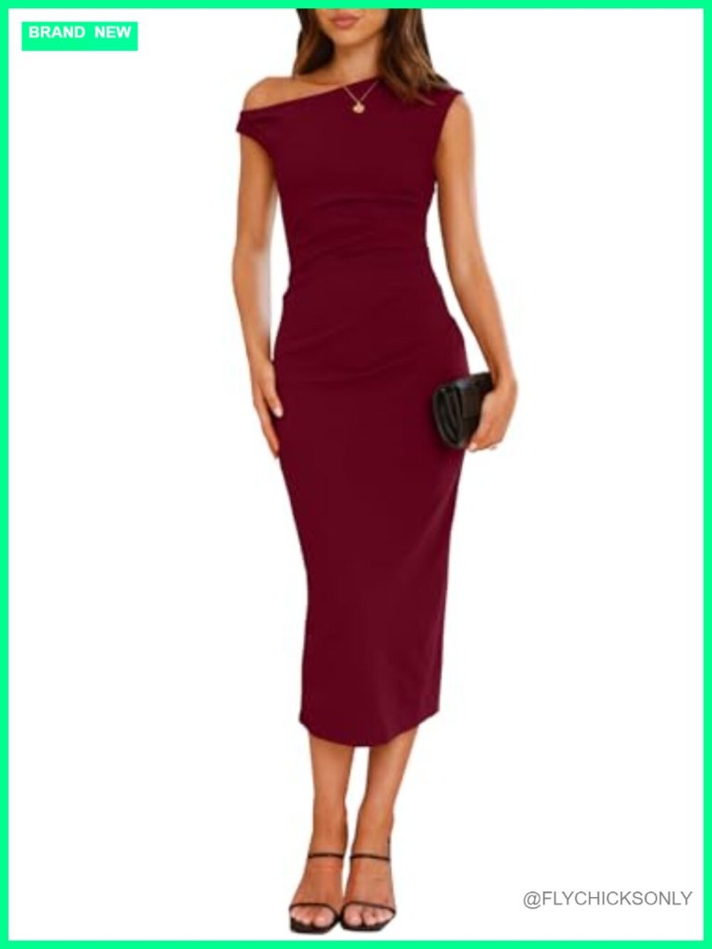 Women's One Shoulder Bodycon Ruched Slit Midi Cocktail Dress